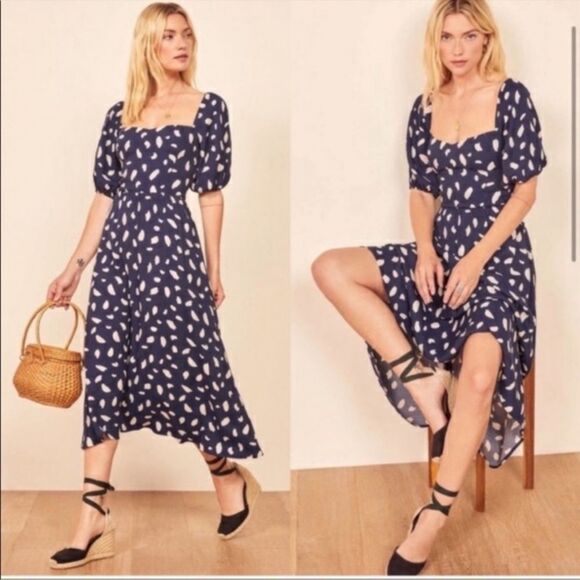 Reformation Splatter Midi Blue Dress Zippy Size 2 - Picture 1 of 10